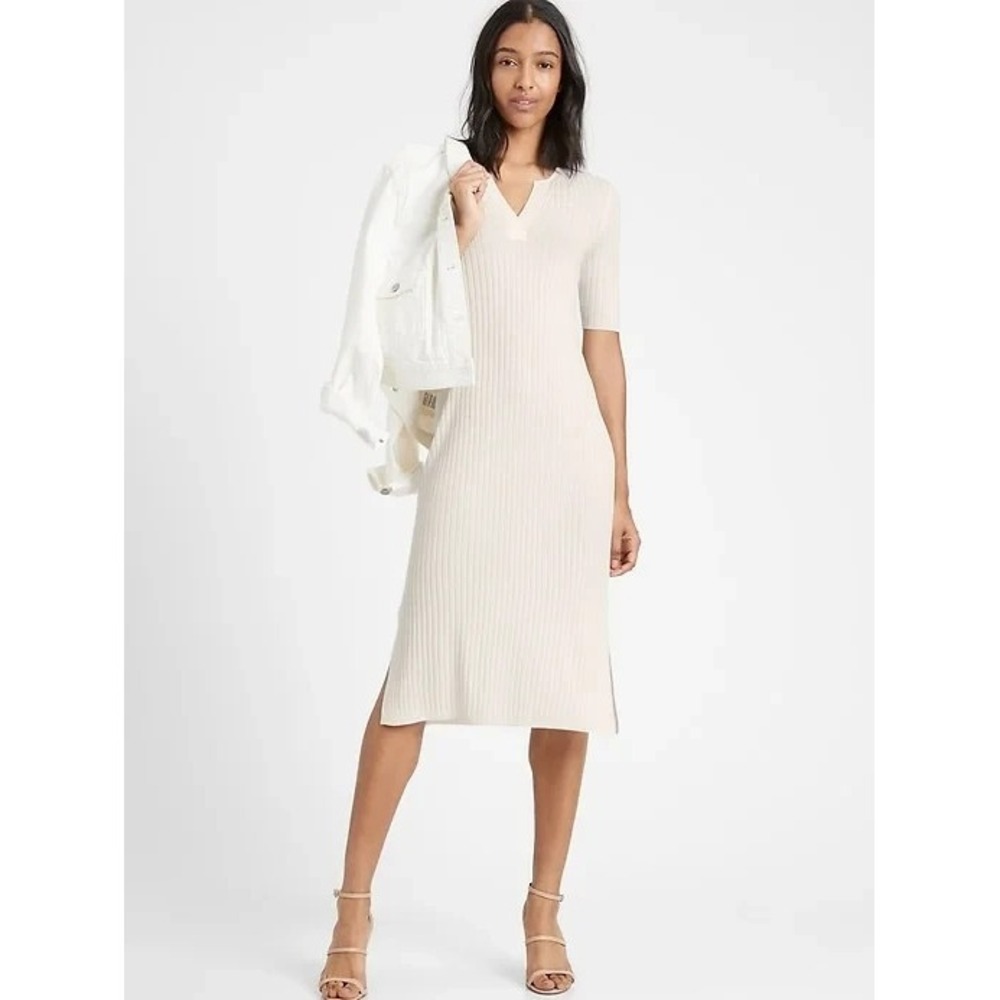 Banana Republic Ribbed Maxi Dress Womens XL White V Neck Minimalist Chic